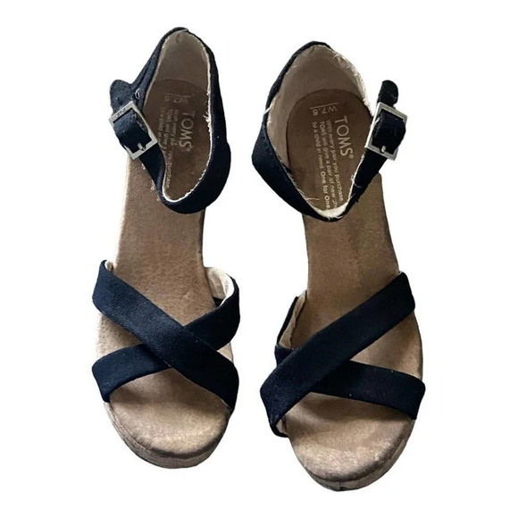 Toms Black Wedges Sandals Size 7.5 Open Toe Ankle Strap Heel Wedge Casual - Picture 6 of 12